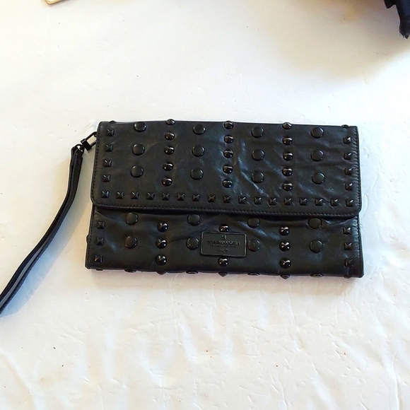 BcbgMaxazria Womens Black Leather Studded Clutch Wristlet Edgy MOD Sz.Large - Picture 1 of 8